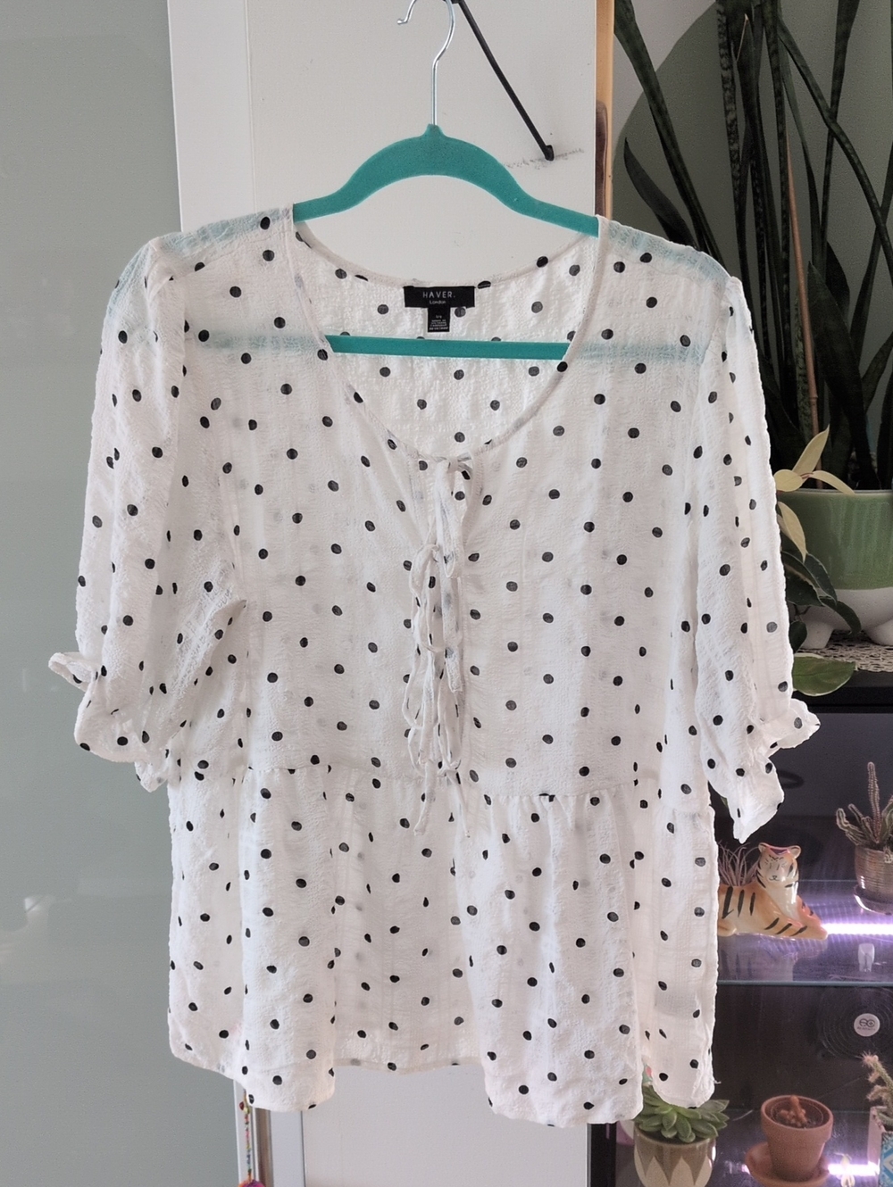 White Polka Dot Tie-Front Blouse